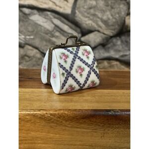 VTG porcelain trinket box purse, porcelain handbag trinket or pill box Flowers